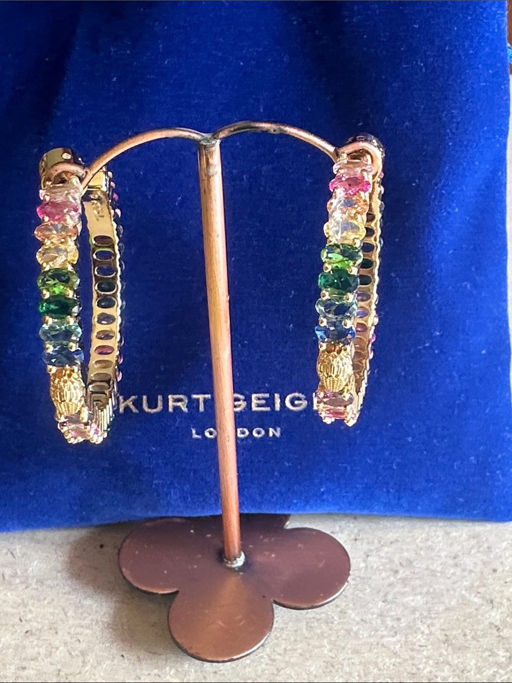 Kurt Geiger Gold Hoop Earrings with Rainbow Crystal Baguettes